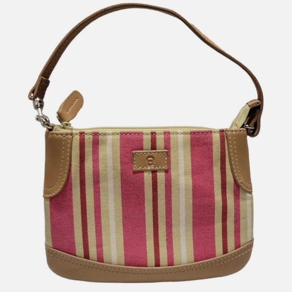 Etienne Aigner Pink and Cream Striped Canvas mini Bag/ Wristlet Bag - Picture 6 of 6